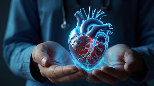 A realistic 3D hologram of a human heart with glowing veins and arteries, hovering above a pair of doctor’s hands - Powered by Adobe