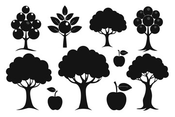 Collection of black silhouettes various fruit trees apples