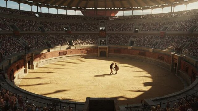 Gladiators Battle in Ancient Arena with Enthusiastic Crowd
