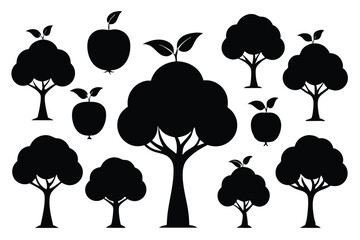 Fototapeta premium Black silhouettes of apple trees and apples isolated on white