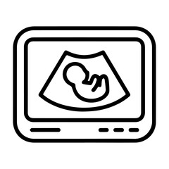 Outline icon of an ultrasound machine displaying a baby fetus isolated on transparent background