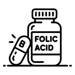 Folic acid vitamin b supplement bottle and capsule isolated on transparent background