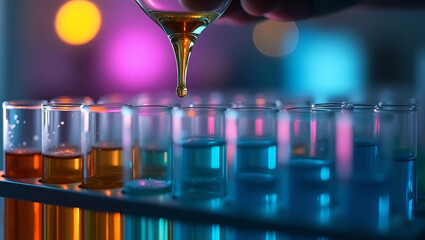 insulin medical research and research medical paper Serious concentrated female microbiologist in sterile and safety goggles sitting at table and dropping reagent research in laboratory