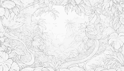 Obraz premium Coloring page of a jungle illustration with tropical plants and animals, 