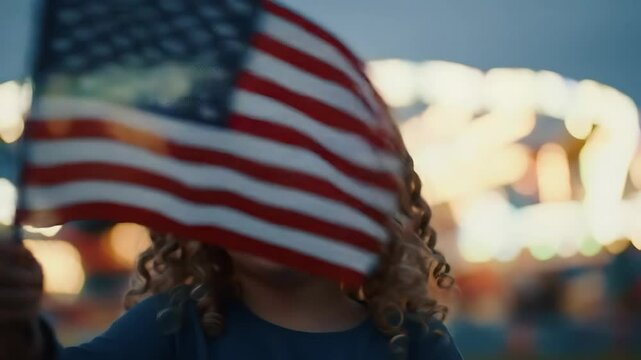 A child holds an American flag, blurred background of a fair.