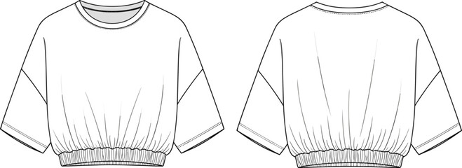 Elastic hem crop t-shirt flat sketch, short sleeve relaxed top design, casual women's fashion front and back technical CAD vector apparel illustration template