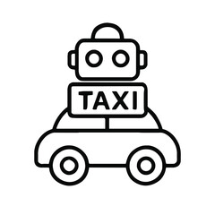 Robot taxi vehicle graphic with robot on top and text signage  