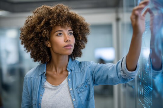 Young woman, curly hair, denim shirt, using interactive digital screen, focused expression, modern office, technology concept - Powered by Adobe
