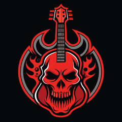 Guitar shop badges. Custom guitars shop emblem, guitar headstock and music instruments store badge vector illustration set. Musical company monochrome emblem designs pack. Musicians equipment sale