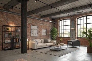 Industrial loft living room with brick walls and large windows concrete floor