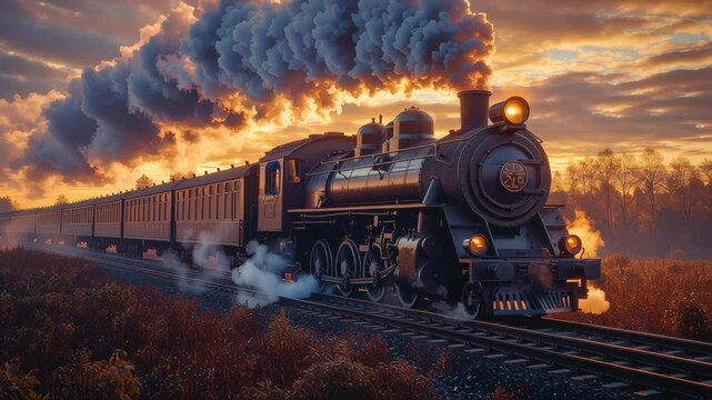 A classic steam train chugs along tracks at sunset, surrounded by autumn trees and dramatic clouds of smoke