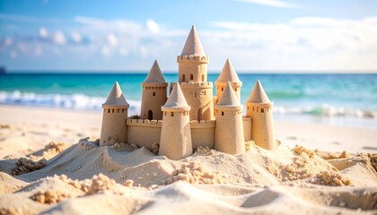 castillo de arena en primer plano, erigido sobre una playa de arena clara y fina. El castillo tiene varias torres, algunas con tejados puntiagudos de color rosa pastel