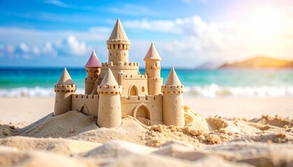 Fototapeta premium castillo de arena en primer plano, erigido sobre una playa de arena clara y fina. El castillo tiene varias torres, algunas con tejados puntiagudos de color rosa pastel