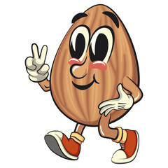 cute almond mascot cartoon vector illustration walking with peace sign, isolated nut character for healthy food branding, packaging, and snack advertisement, work of hand drawn