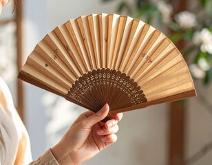 Woman Holding Decorative Beige And Brown Paper Fan