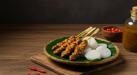 Indonesian Sate Padang with Spicy Yellow Sauce and Lontong