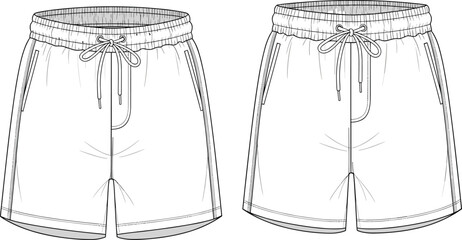 Men’s shorts fashion flat sketch, front view, drawstring waistband, elastic hem, side pockets, cad technical illustration, garment design vector template, apparel mockup drawing