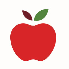 A stylized red apple with a brown stem and two leaves, one green and one maroon, on a white background.