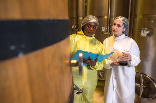 Diversity female wine makers working in cellar inspecting fermentation wine in tank