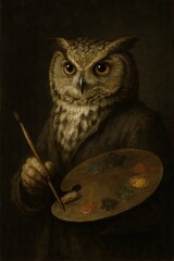 Anthropomorphic animals: a wise eagle-owl artist with a palette and brush, classic portrait