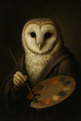 Anthropomorphic animals: a wise barn owl painter in a classic artist portrait