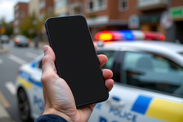 Emergency Call: A hand holds a smartphone with a blank screen against the backdrop of a police vehicle with flashing lights, evoking the urgency and immediacy of seeking help. 