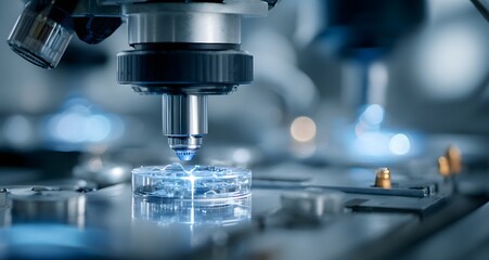 A close-up shot of an advanced microphotograph in action, with glowing blue light illuminating the intricate details on its glass plate. The camera is positioned at eye level to capture the precision 