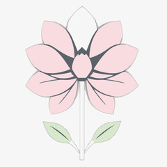A pastel pink and grey flower with a green stem and leaves, set against a light grey background, showcasing delicate floral beauty.