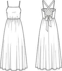 Elegant long maxi dress flat sketch, front and back view, fashion technical drawing, sleeveless design, cross back strap detail, tied waist, vector illustration
