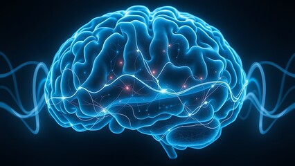 Ethereal brain with pulsating neural pathways in dark space