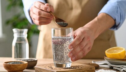 Person Pouring Chia Seeds Into Glass Of Water