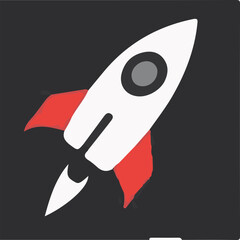 A sleek, minimalist white rocket with red fins and a grey window, angled upwards as if in flight, against a dark background.