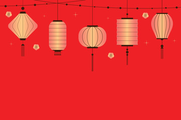 Background with chinese lanterns. Chinese lanterns on red background. Chinese New Year, Mid-Autumn Festival, Music Festival. Vector template of banner, postcard.