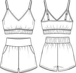 Women's crop top and shorts technical flat sketch, front and back view, activewear fashion set, adjustable straps, high waistband, vector template, clothing design