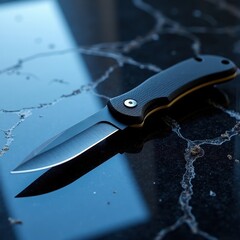 Tactical Knife on Polished Granite - Reflective Studio Shot with Blue Lighting