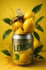 Refreshing Lemon Soda Pop Art Still Life with Splashing Juice and Vibrant Yellow Background