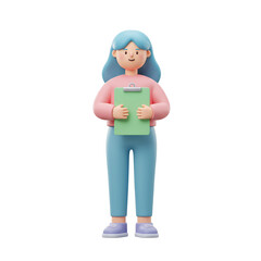 Fototapeta premium Friendly 3d cartoon character woman with blue hair holding a green clipboard isolated on transparent background