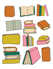 Set of books from different angles. Books, magazines. Books on the shelf stand or lie. Closed, open books or magazines. Correspondence. Education. Vector illustration.