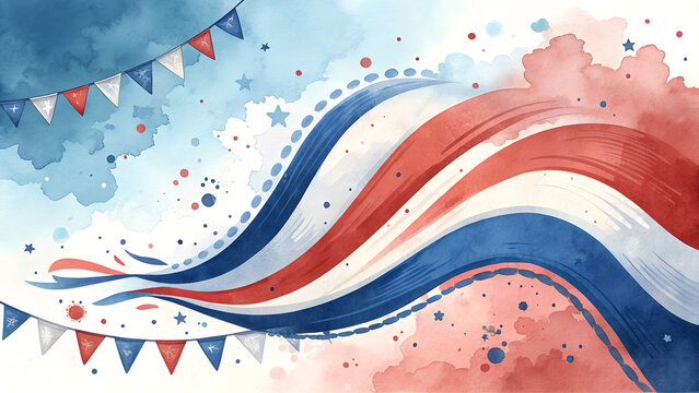 Festive Watercolor French Flag Background – Flowing Blue, White & Red Stripes in Vibrant Patriotic Splashes + Copy Space