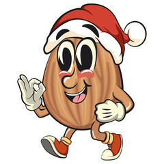 cute almond mascot cartoon vector illustration wearing a Santa Claus hat, isolated nut character for healthy food branding, packaging, and snack advertisement, work of hand drawn