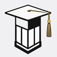 A stylized white graduation cap with a golden tassel, featuring a structured base, against a light grey background.