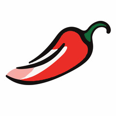A vibrantly illustrated red chili pepper with a green stem, featuring a slight pink highlight, on a white background.