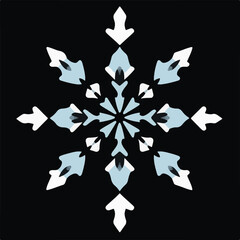 A symmetrical snowflake design in shades of white and light blue with intricate details, centered on a dark black background.