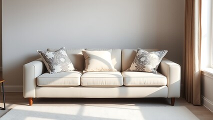 Modern sofa with neutral-toned decorative pillows in a cozy living room corner.