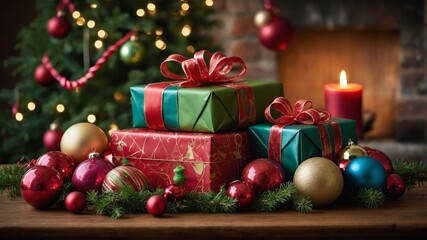 Colorful Christmas Gifts and Ornaments Arranged Beautifully on a Wooden Table Near a Cozy Fireplace During the Holiday Season