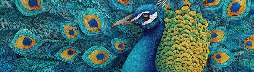 Obraz premium A majestic peacock, vibrant feathers spread wide, seen from a birds-eye view in stunning watercolor