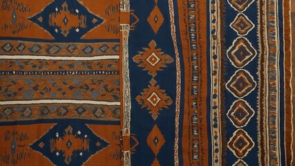 Beautifully Crafted Traditional Textile Showcasing Intricate Patterns in Warm Tones, Displayed Against a Rustic Background in a Cultural Setting