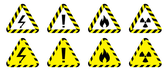Warning triangle signs. High voltage, electricity, fire, radiation, exclamation mark. Set of isolated vector illustrations