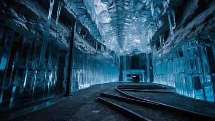 Exploring an Underground Ice Cave With Icy Formations and a Winding Path Illuminated in Blue Light During Winter