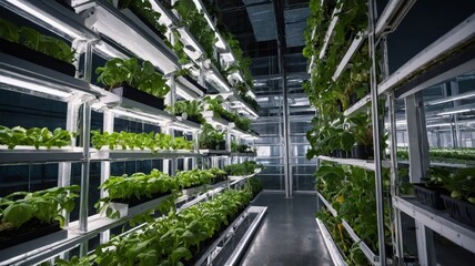 Vertical Farming Facility With Layers of Fresh Greens Illuminated by Artificial Lights in an Indoor Garden Setting